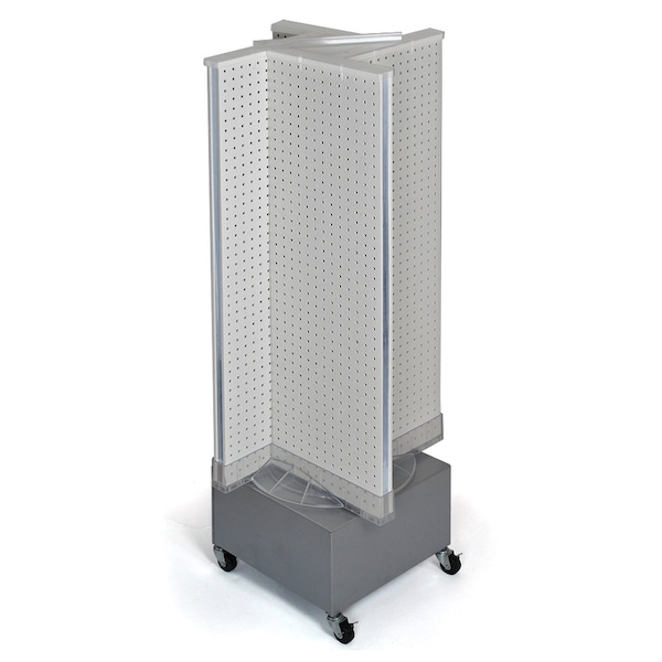 Pinwheel Pegboard Floor Display on Revolving Wheeled Base. Spinner Rack Stand.